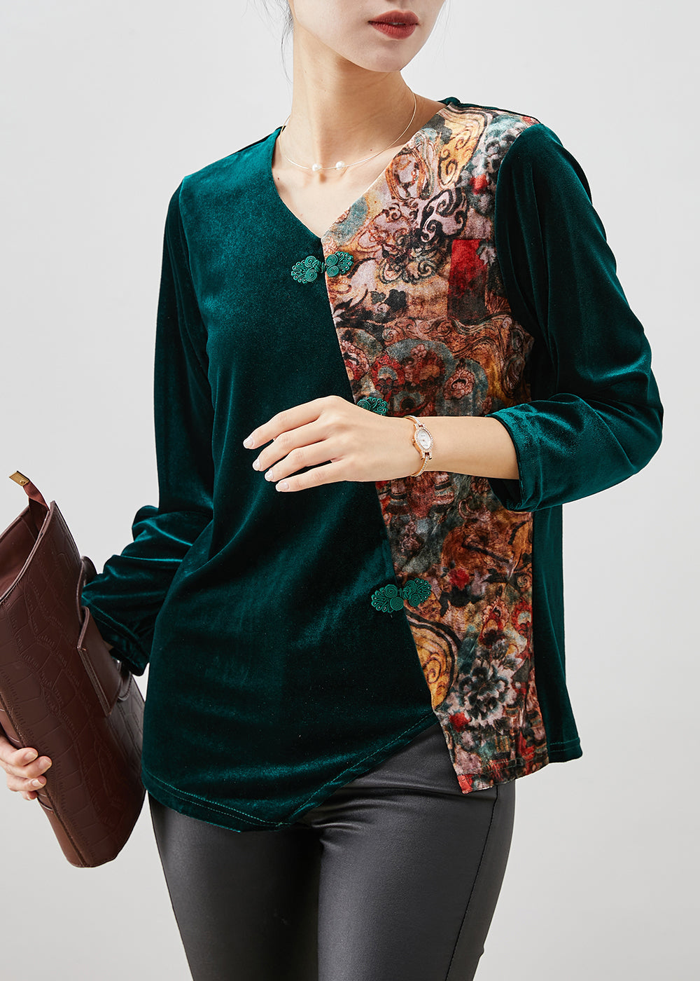 Peacock Green Asymmetrical Patchwork Silk Velour Shirt Tops Winter