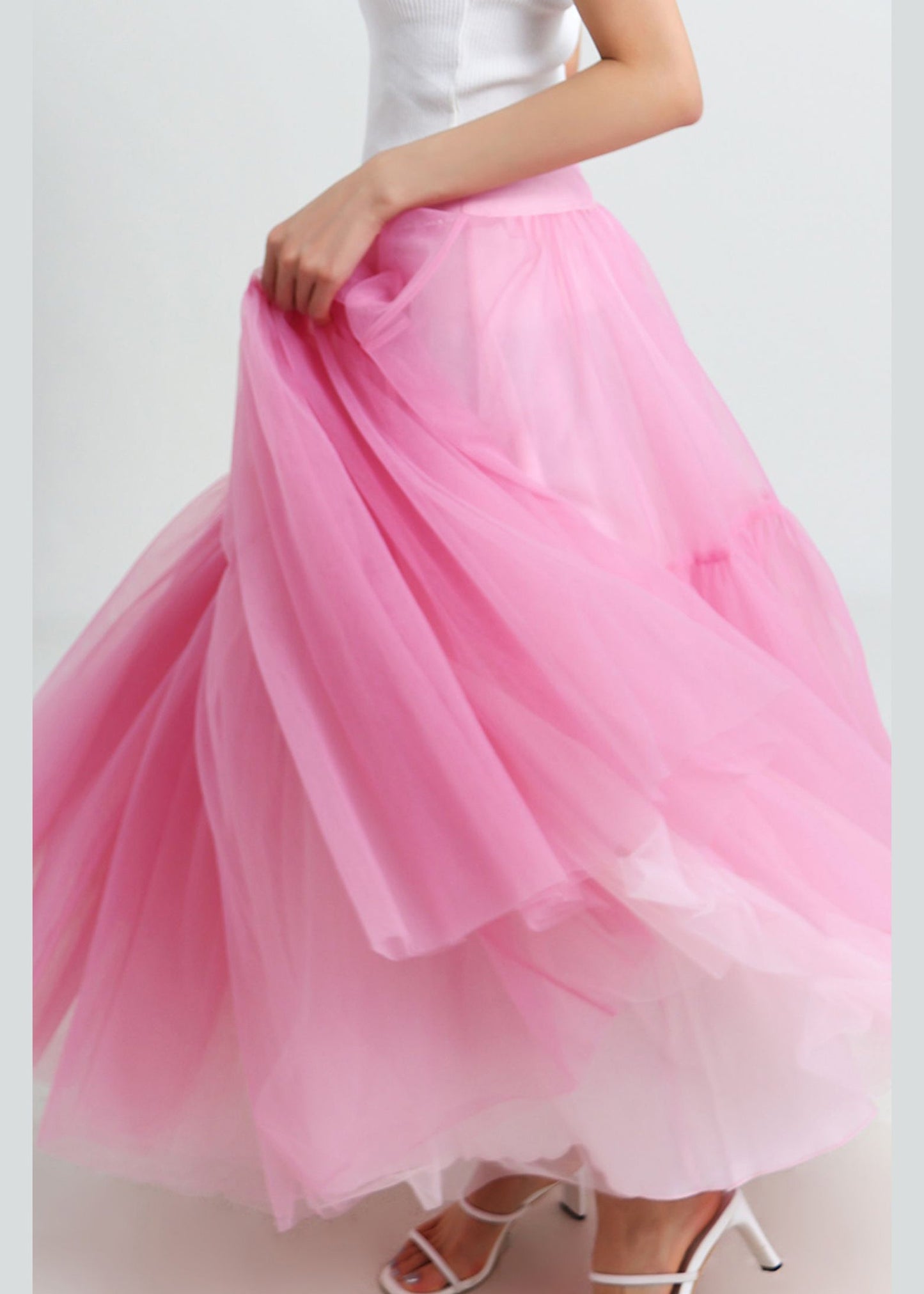 Pink High Waist Patchwork Tulle Pleated Skirt Summer