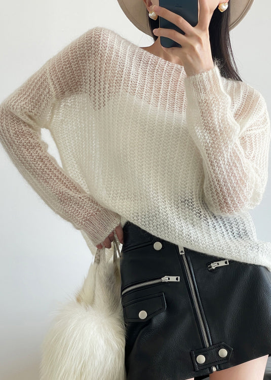 White Cozy Knit Sweater Hollow Out Winter