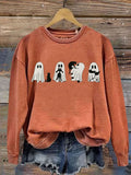Ghost Playing With Cat Halloween Print Casual Sweatshirt elevenforest