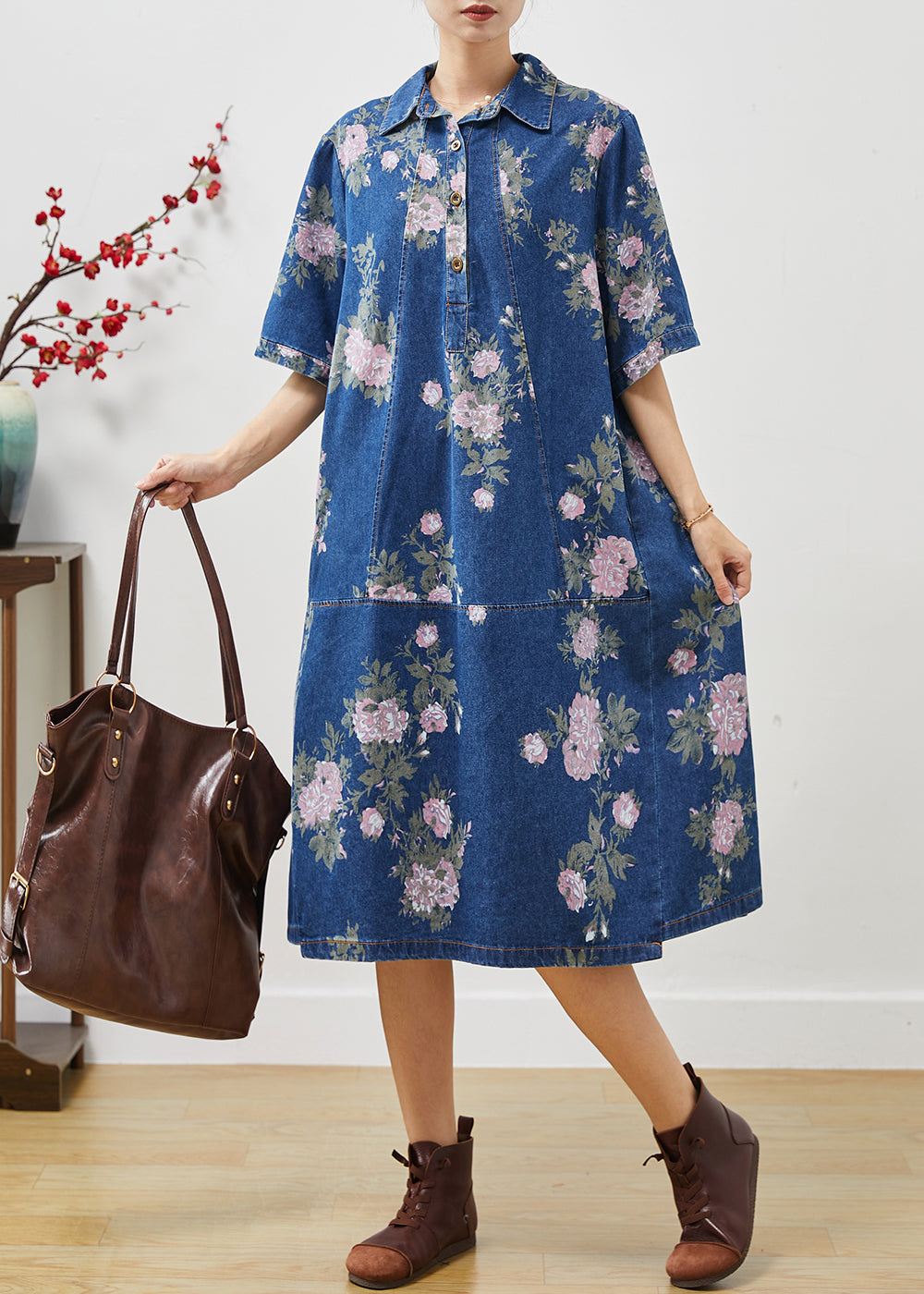 Blue Peter Pan Collar Print Denim Dress Summer