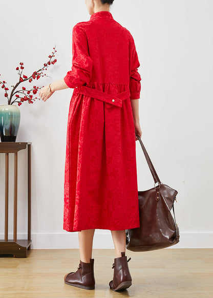 Red Chinese Button Jacquard Dresses Fall