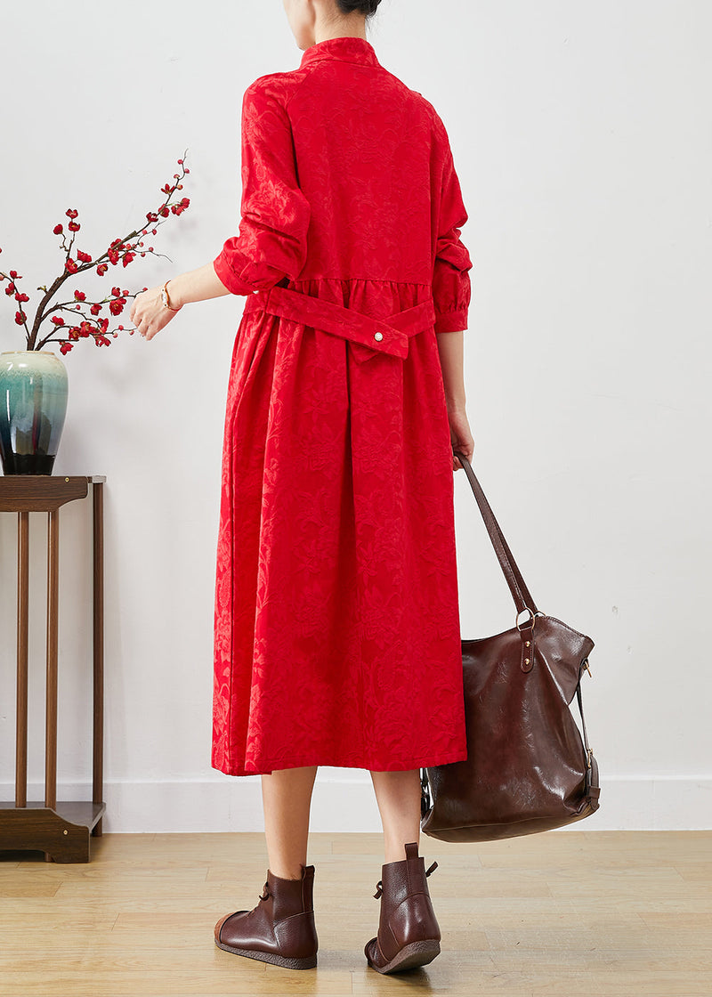 Red Chinese Button Jacquard Dresses Fall