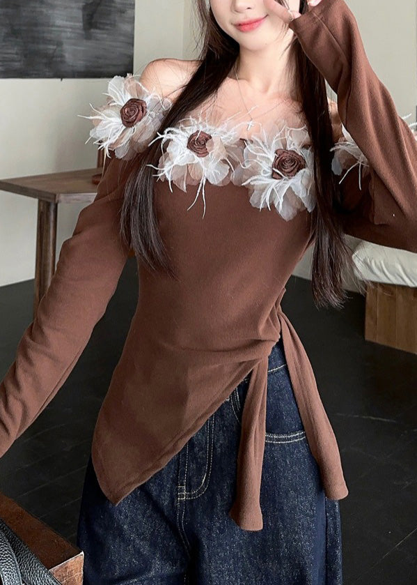 Slim Fit Coffee Cold Shoulder Patchwork Tie Wist Top Spring