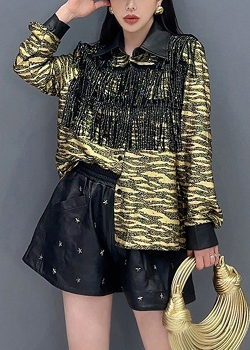 Yellow Tasseled Faux Leather Patchwork Blouse Spring