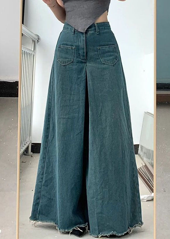 Blue Pockets Draping Wide Leg Jeans Spring