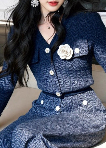 Blue V Neck Knit Two Pieces Set Fall
