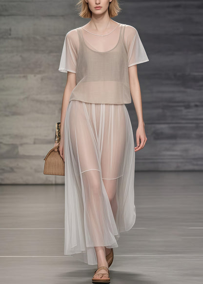 Apricot Oversized Draping Tulle Holiday Dress Two Piece Set Summer