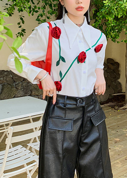 Italian White Peter Pan Collar Roses Patchwork Button Shirt Long Sleeve