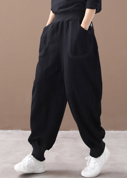 Black Print Pockets Elastic Waist Cotton Beam Pants Fall