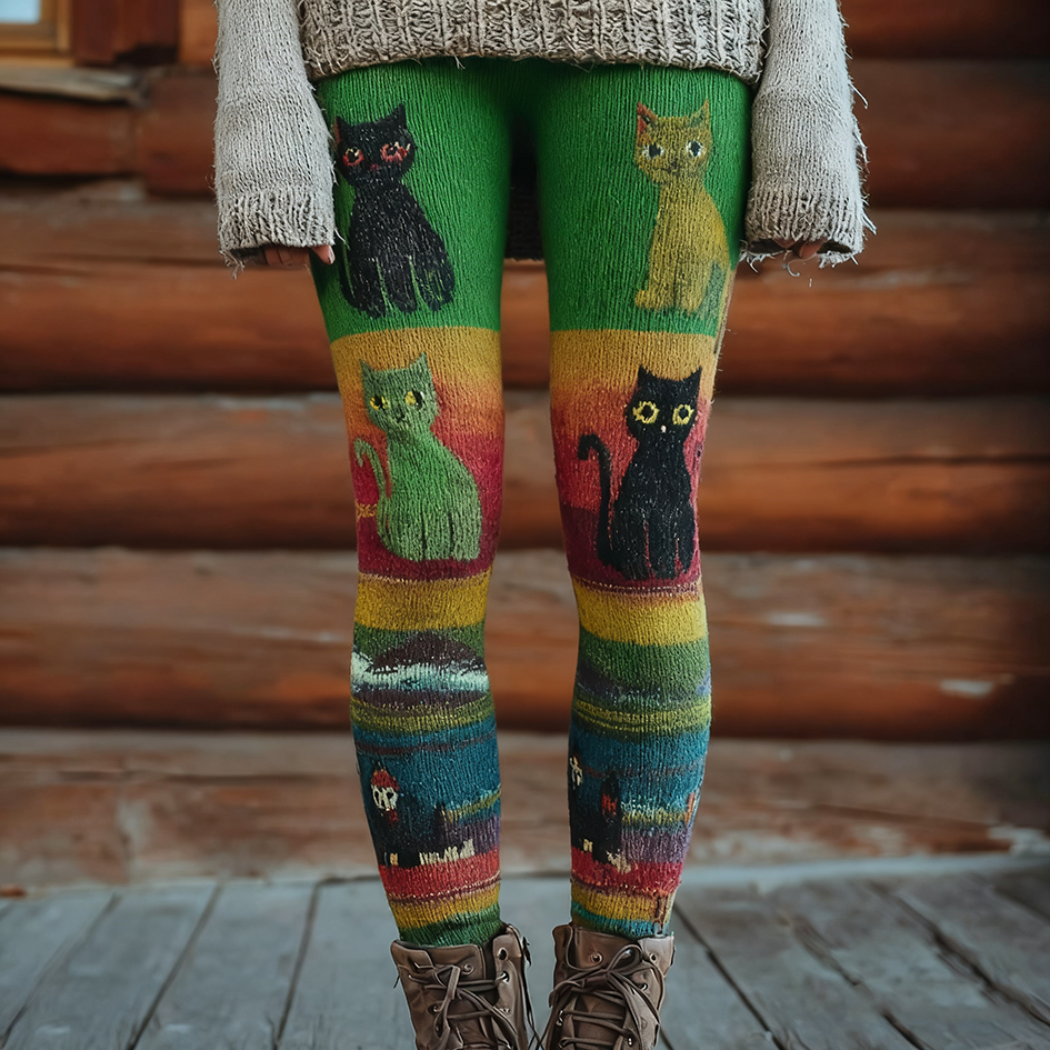 Christmas Fun Cat Knitting Tight-fitting Leggings elevenforest