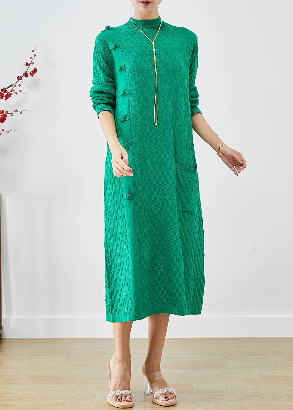 Green Plaid Chinese Button Knitwear Dress Winter