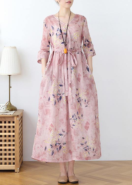 Italian Pink Print Cotton Orientaltie Waist Spring Dress