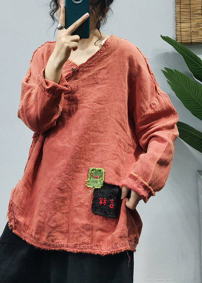Organic Orange V Neck Embroideried Patchwork Side Open Linen Tops Long Sleeve
