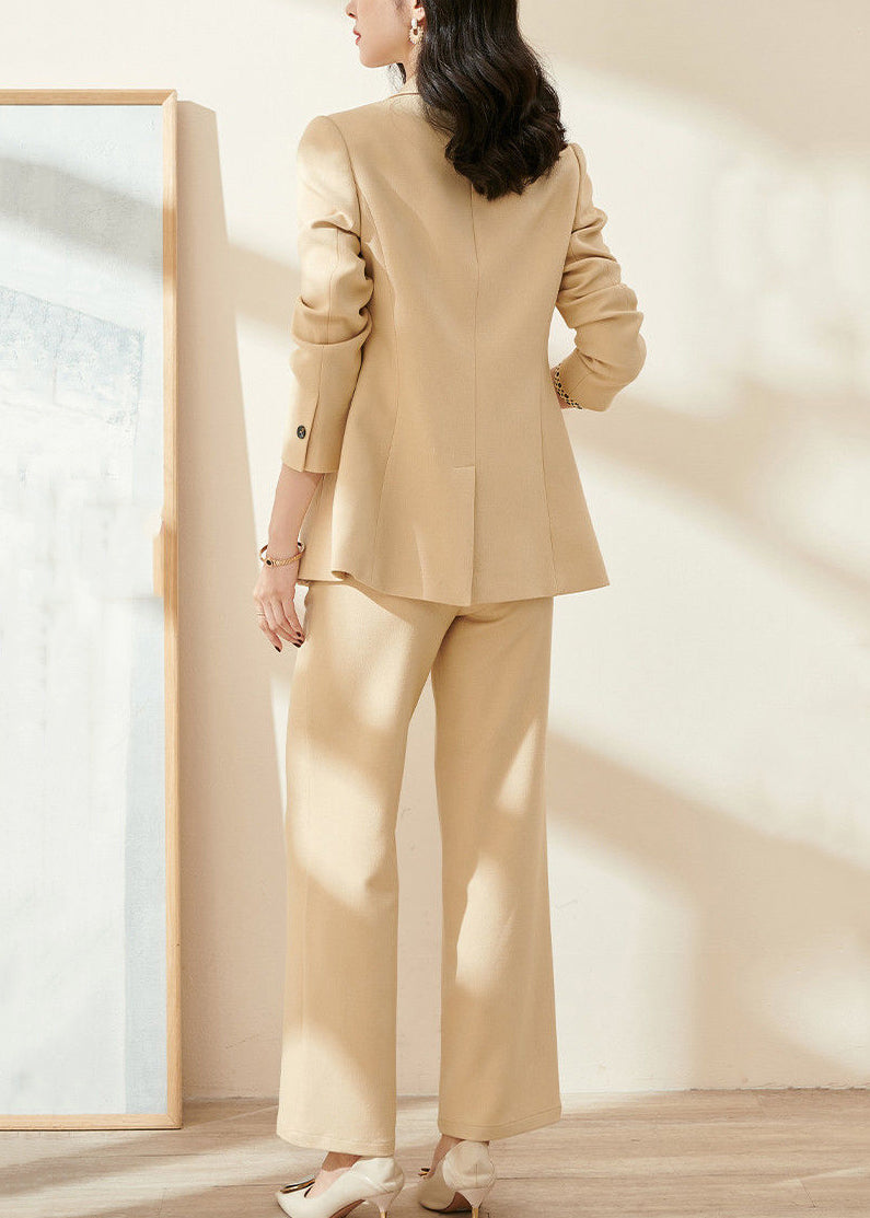 Slim Fit Light Yellow Notched Coat and Pants Spandex Two Pieces Set Fall