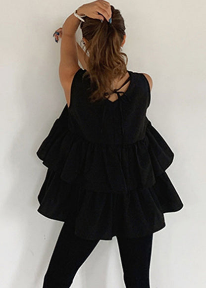French Black Ruffled Cotton a Line Tank Sleeveless