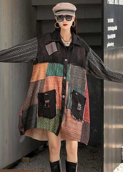 Handmade Denim Patchwork Knit Peterpan Collar Pockets Fall Long Sleeve Coat