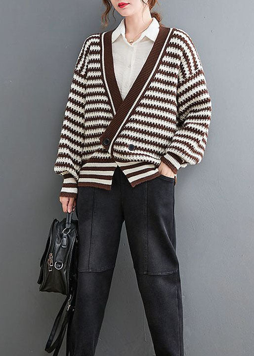 Chocolate V Neck Striped Cozy Knit Coat Outwear Spring