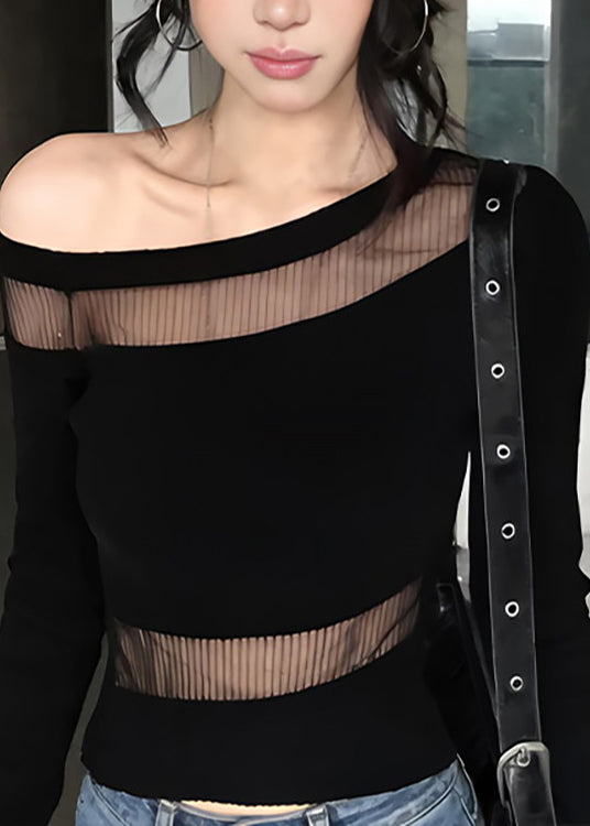 Simple Black One Shoulder Patchwork Tulle Shirt Tops Summer