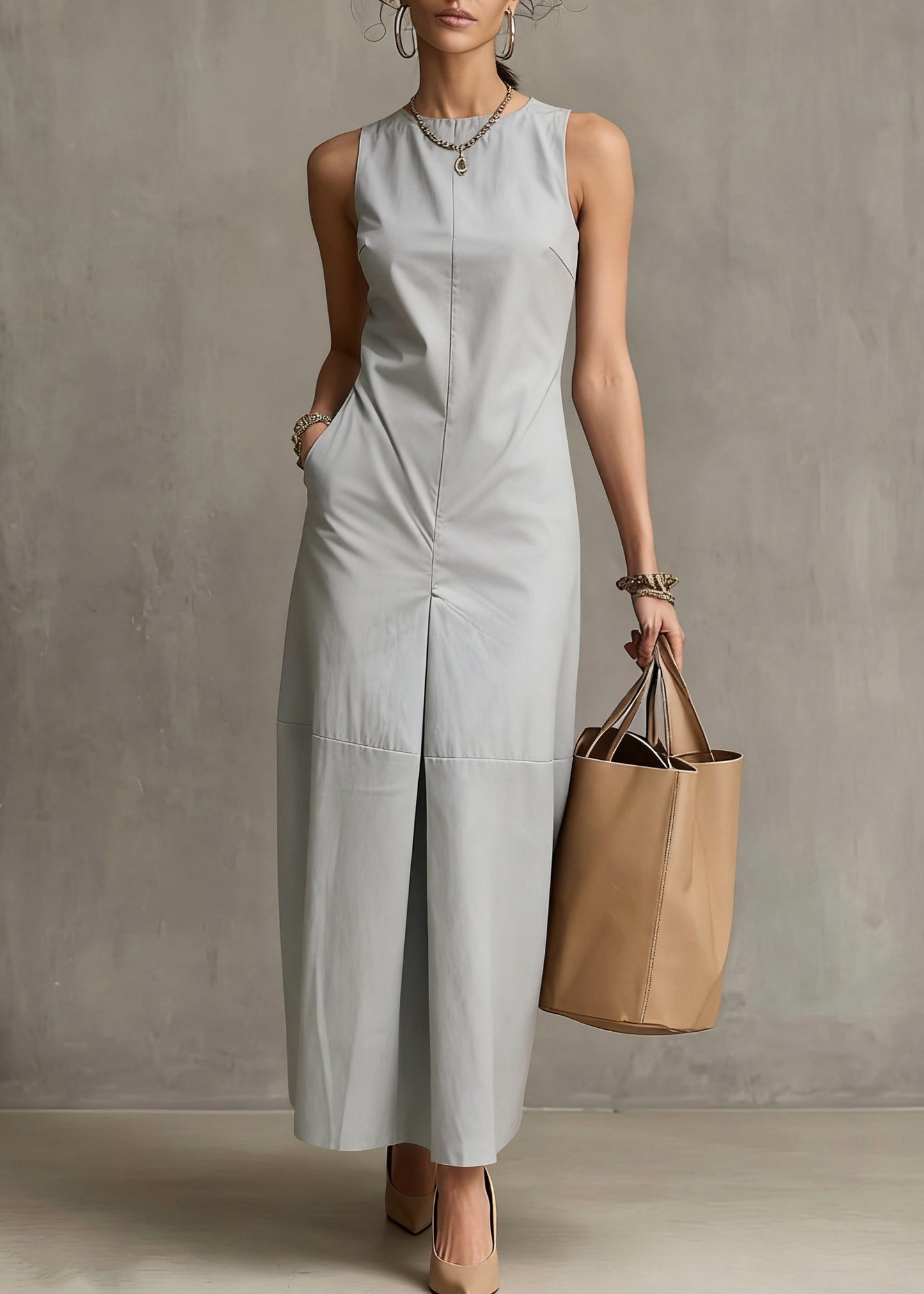 Simple Light Blue Pockets Cotton Long Dresses Sleeveless