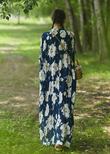 Blue V Neck Cotton Robe Dress Summer