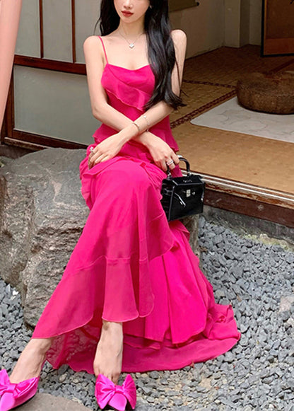 Dopamine Rose Red Ruffled Suspender Dress for Summer Wear