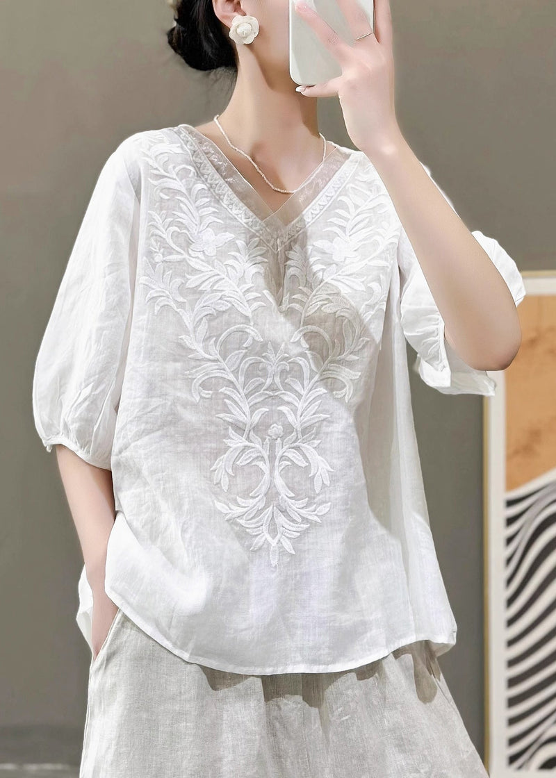 Nwe Purple V Neck Embroidered Linen Top Summer