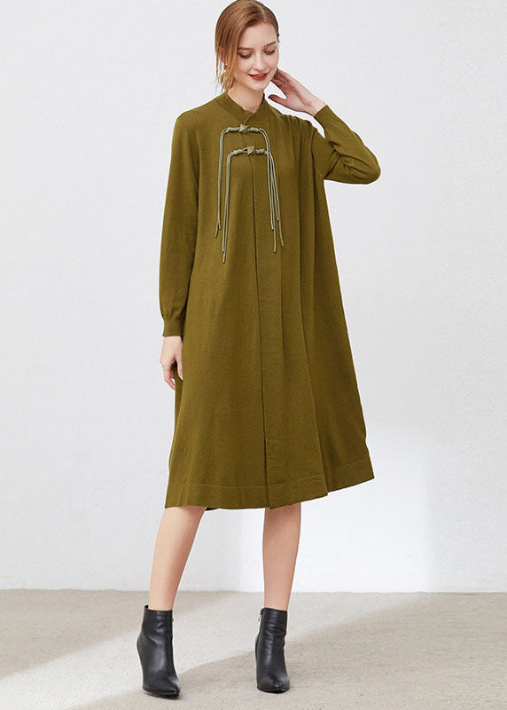 Blue Stand Collar Wool Knit Long Dresses Long Sleeve