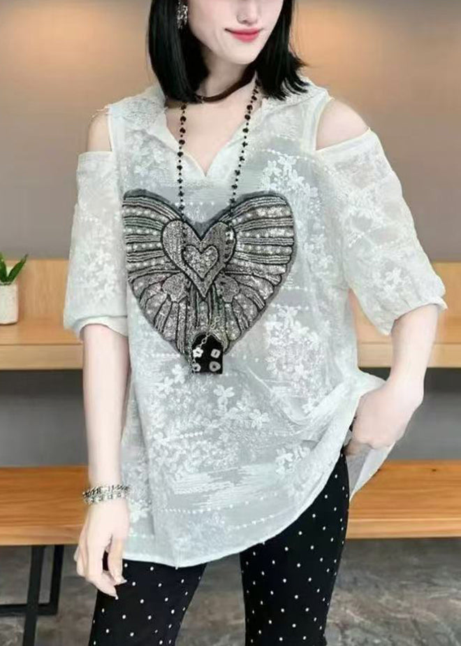 White Cold Shoulder Jacquard Cotton Hoodie Tops Summer