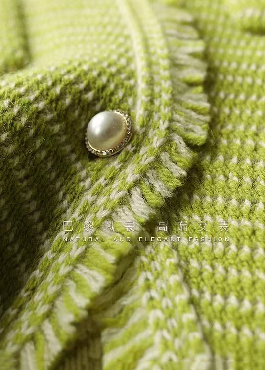 Green O Neck Button Patchwork Cotton Coats Fall