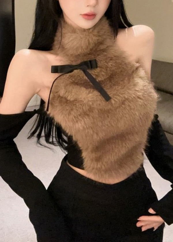 Coffee Bow Fur Hanging Neck Off Shoulder Short Top