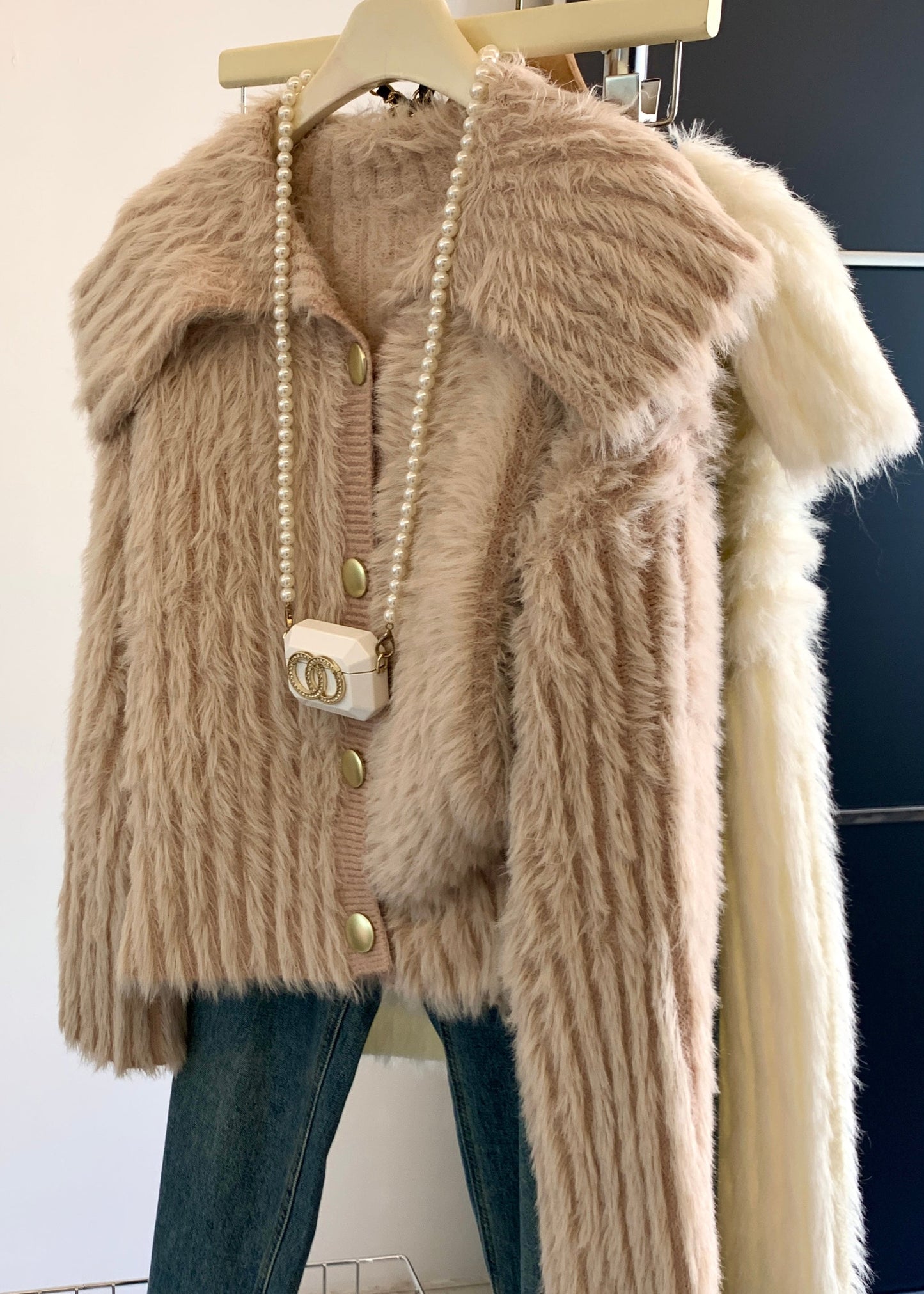 Pink Peter Pan Collar Button Mink Velve Sweater Tops Spring