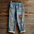Comstylish Women's Bohemian Style Multi-colored Floral Cat-print Cute Embroidered Jeans