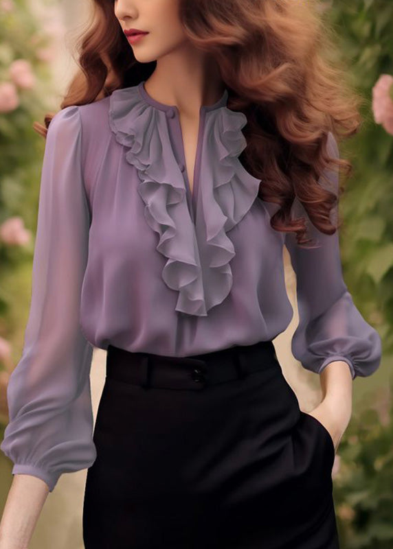 Unique Purple O-neck Ruffled Chiffon Shirt Bracelet Sleeve