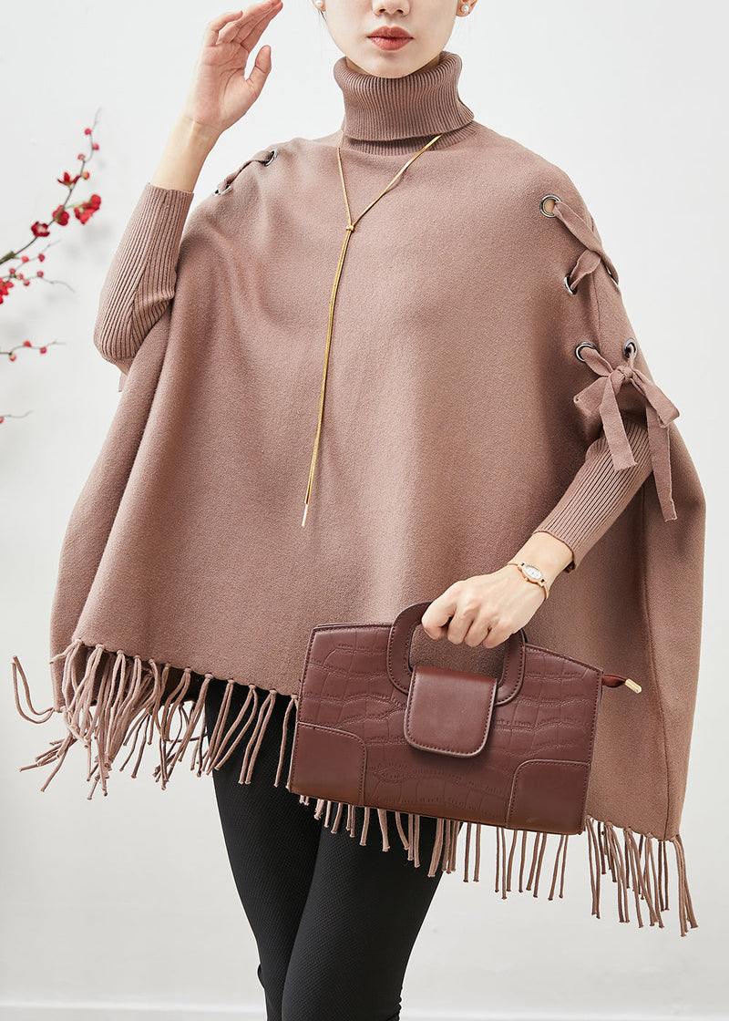 Khaki High Neck Oversized Tasseled Knitted Tops Batwing Sleeve