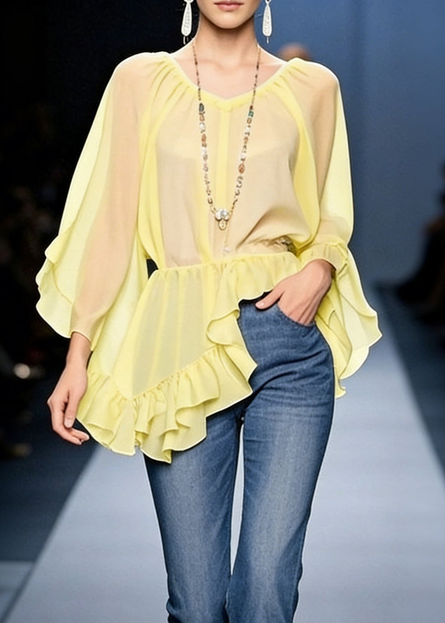 Art Yellow Asymmetrical Ruffled Chiffon Blouses Spring