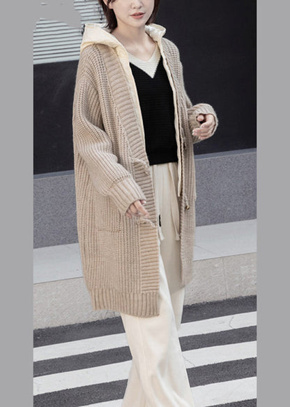Simple Beige Button Fake Two Pieces Cotton Knit Hooded Coats Spring