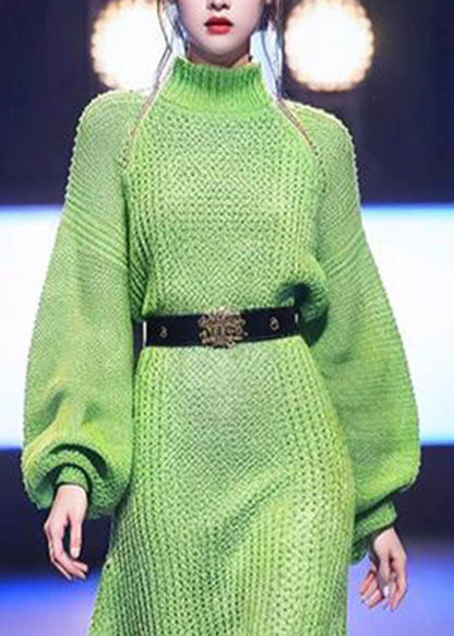 Green Turtleneck Sashes Cotton Knit Knit Sweater Dress Winter