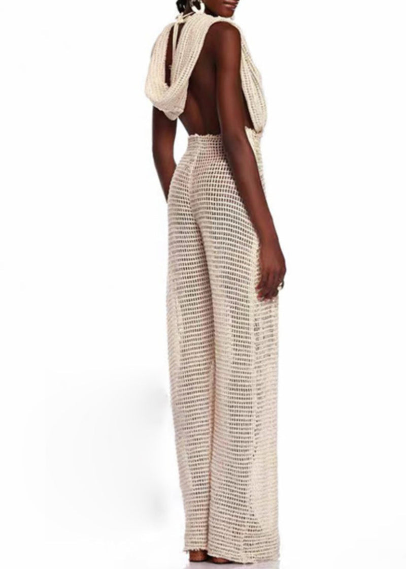 Beige Hooded Hollow Out Knit Jumpsuits Sleeveless
