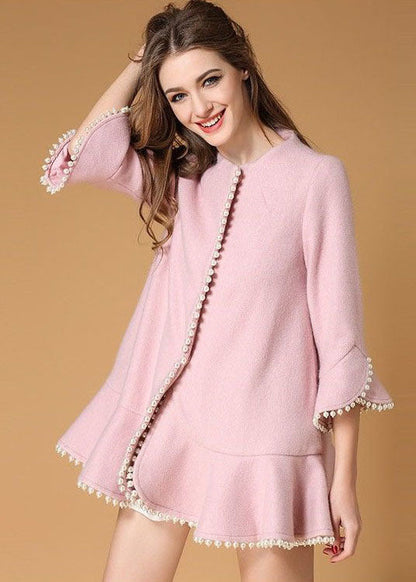 Modern Pink Nail Bead Ruffles Woolen Coats Spring