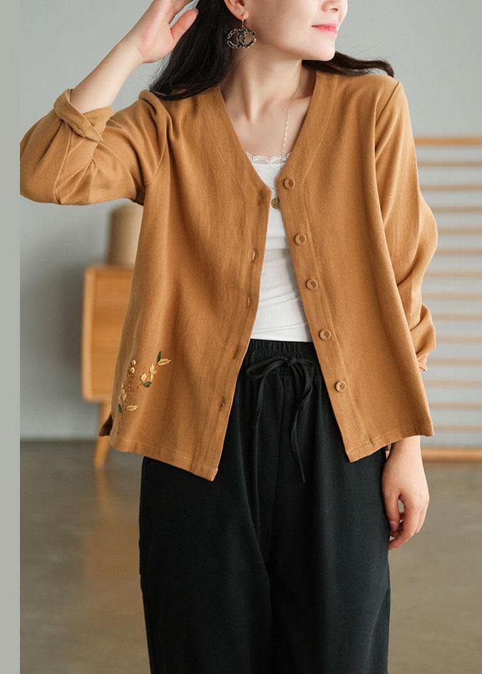 Unique Khaki Side Open Embroideried Fall Long Sleeve Shirt