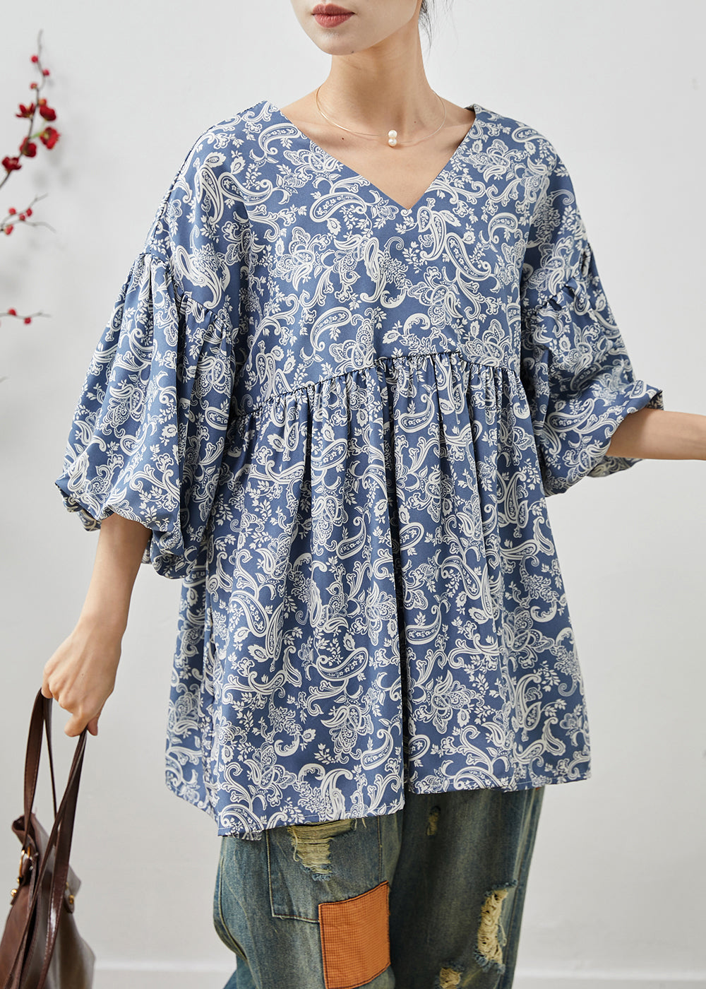 Blue Oversized Print Cotton Shirts Summer