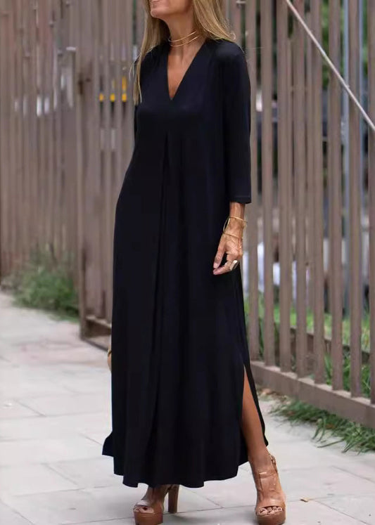 Loose Black V Neck Side Open Cotton Long Dress Bracelet Sleeve Spring