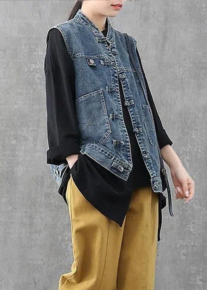 Retro Light Blue O-neck Patchwork Button Pockets Cotton Denim Waistcoat Sleeveless