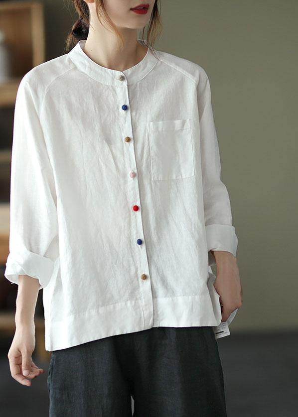 Modern White-purple Flower Loose Patchwork Pockets Spring Long Sleeve Blouse Top