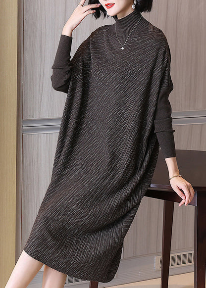 Chocolate Hign Neck Patchwork Woolen Sweater Dress Winter