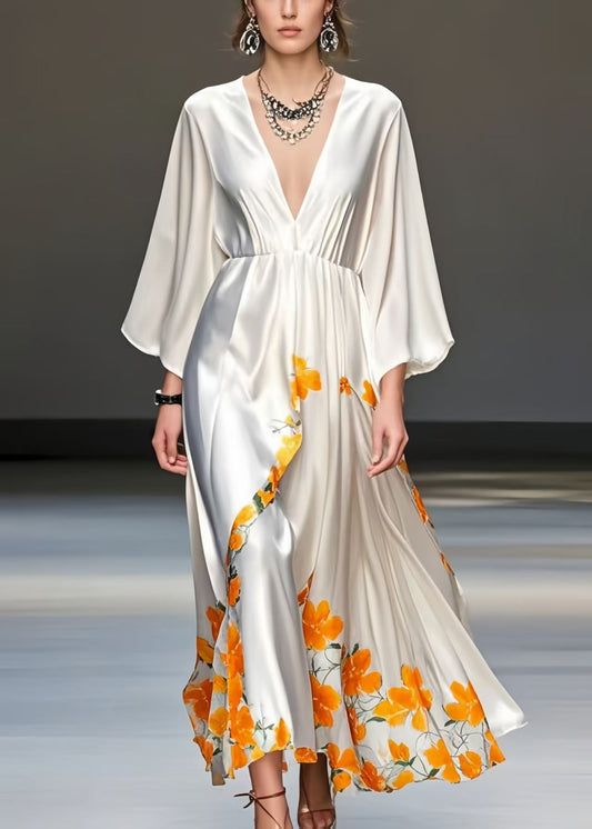 White Print Draping Silk Vacation Dresses V Neck Spring