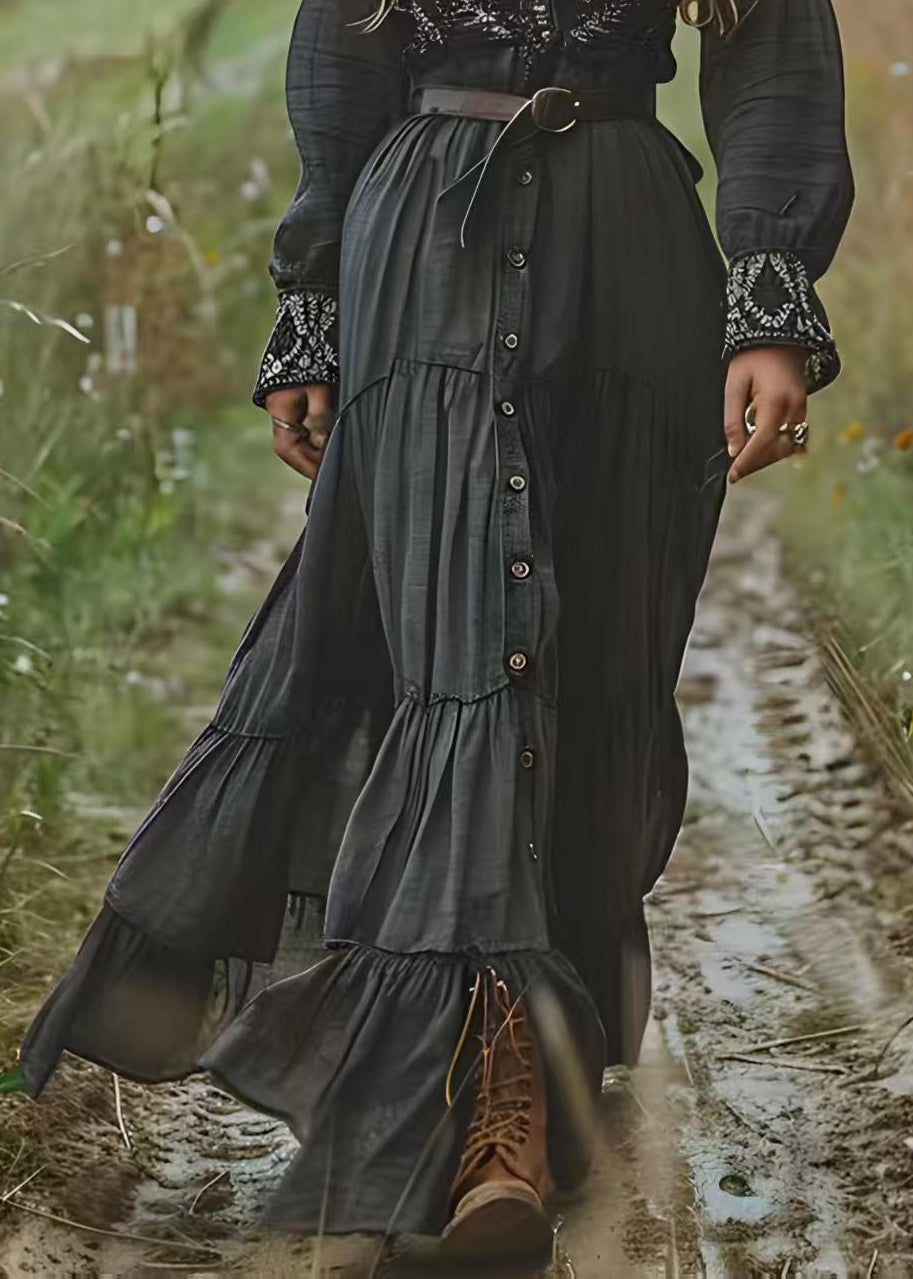 New Black V Neck Button Wrinkled Patchwork Cotton Dress Spring