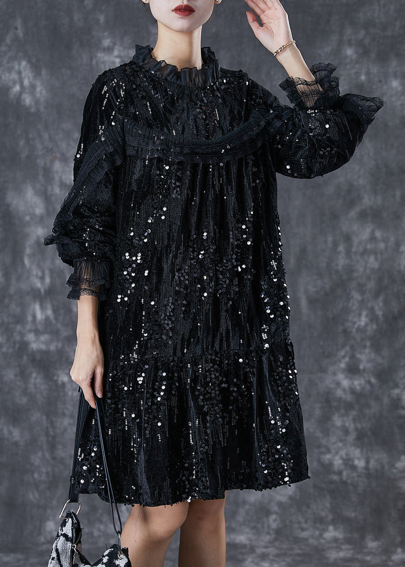 Black Sequins Patchwork Velour Mid Dresses Spring