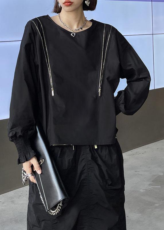 Black O-neck Zippered Fall Top Long Sleeve